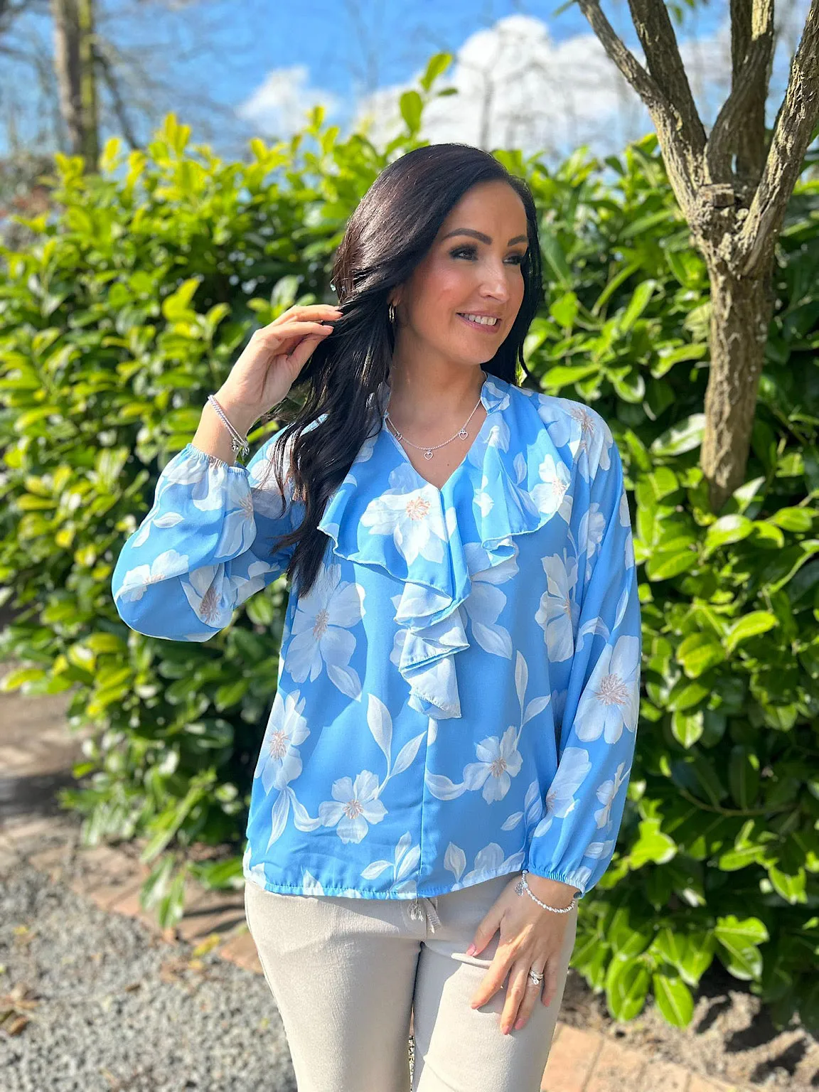 Blue Floral Frill Collar Blouse Rylee