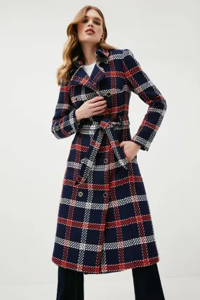 Cotton Tweed Belted Check Coat | Karen Millen