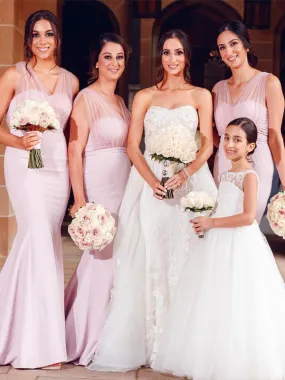 Elegant Sweetheart Simple Mermaid Tulle Pink Long Bridesmaid Dresses.DB10049