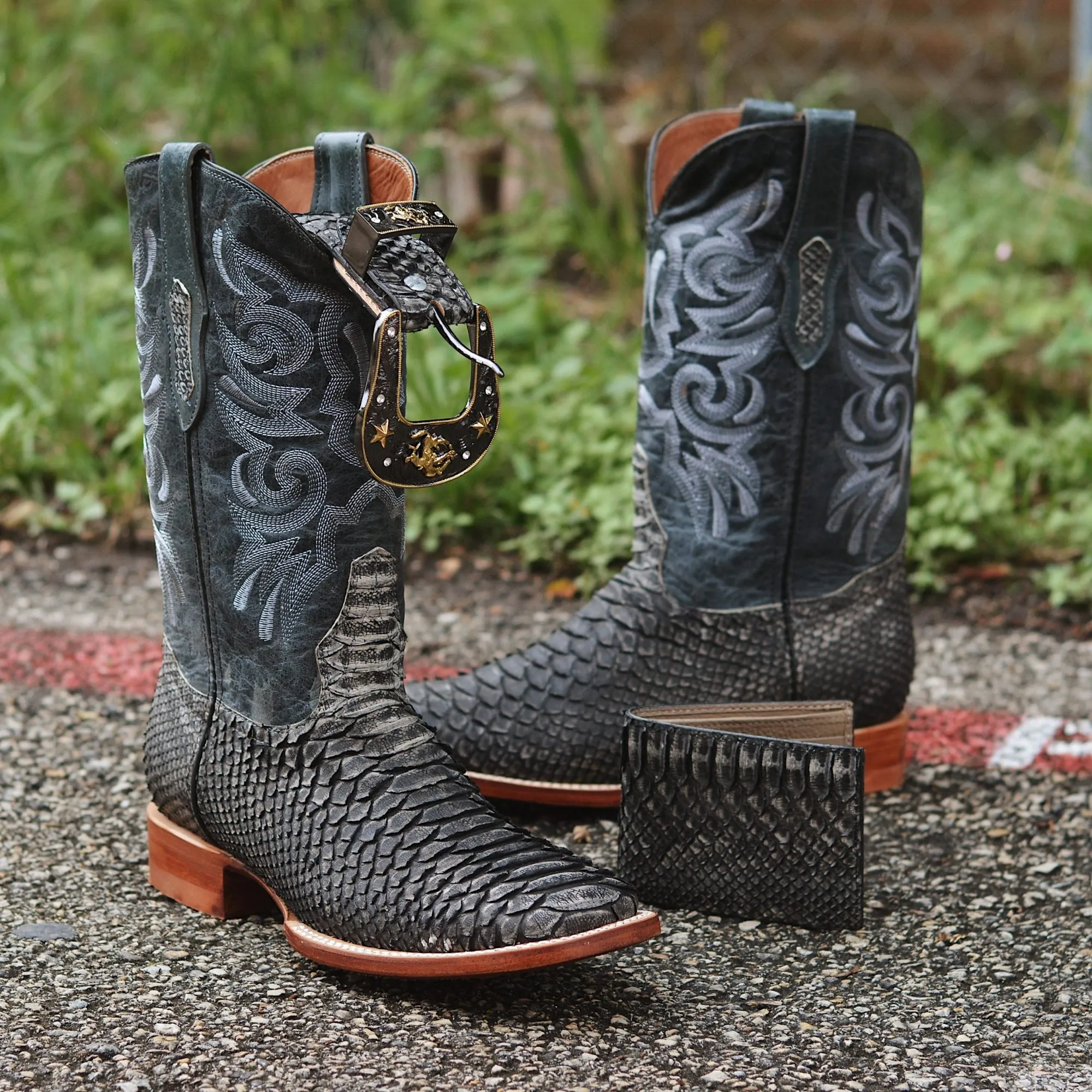 Exotic Bundle Python Safari Grey Square Toe Western Boots/Wallet/Belt