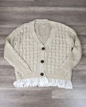 Final Sale - POL Oversize Cable Knit Cardigan with Lace Trim - Tan