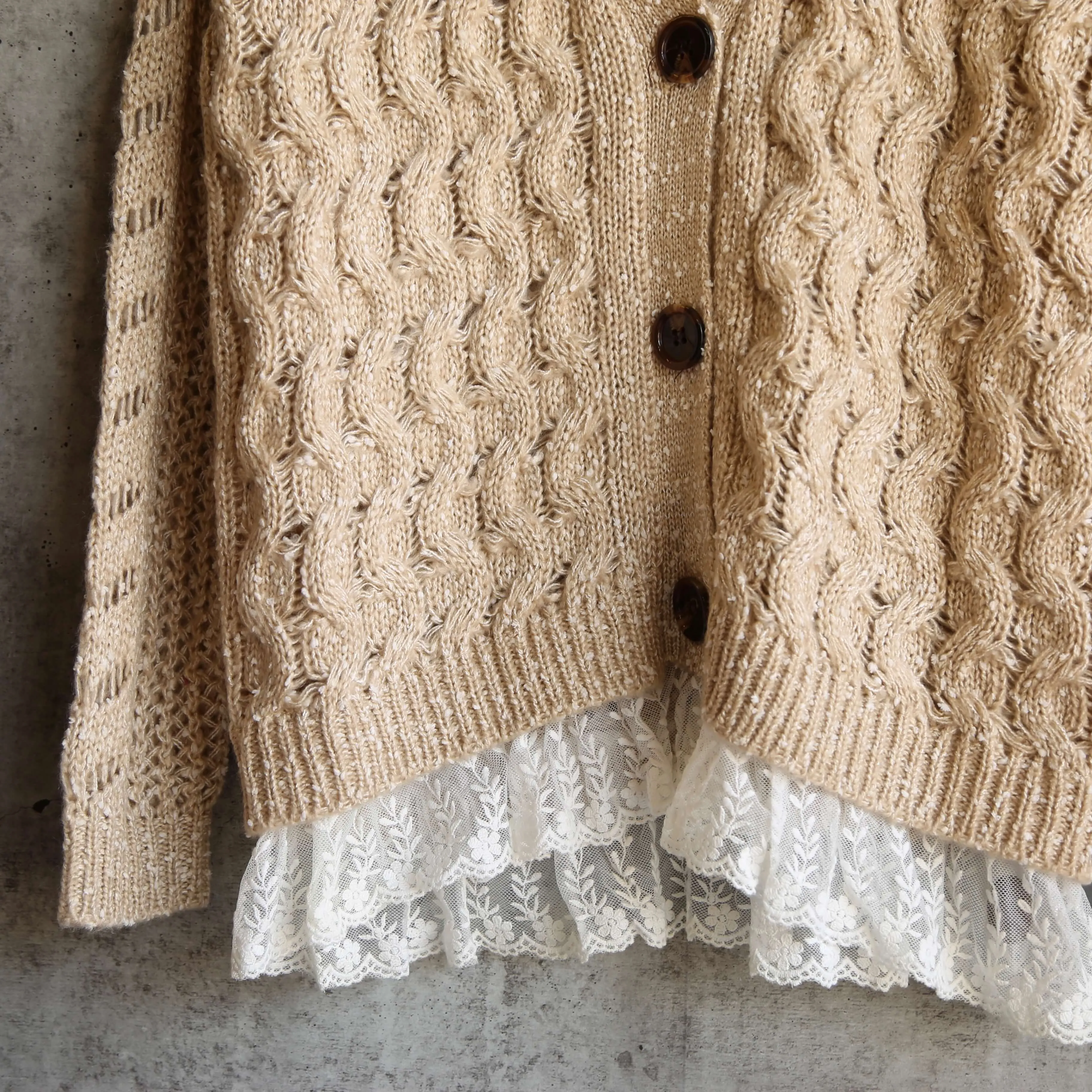 Final Sale - POL Oversize Cable Knit Cardigan with Lace Trim - Tan