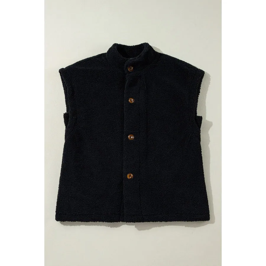 Fuzzy Mock Neck Button Up Vest Coat