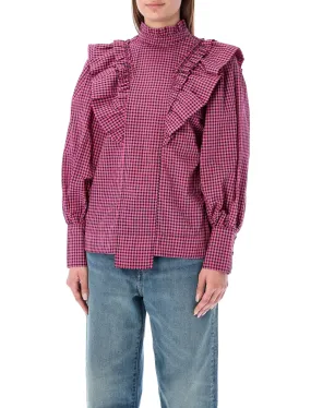 Ganni Seersucker Checked Ruffle Blouse