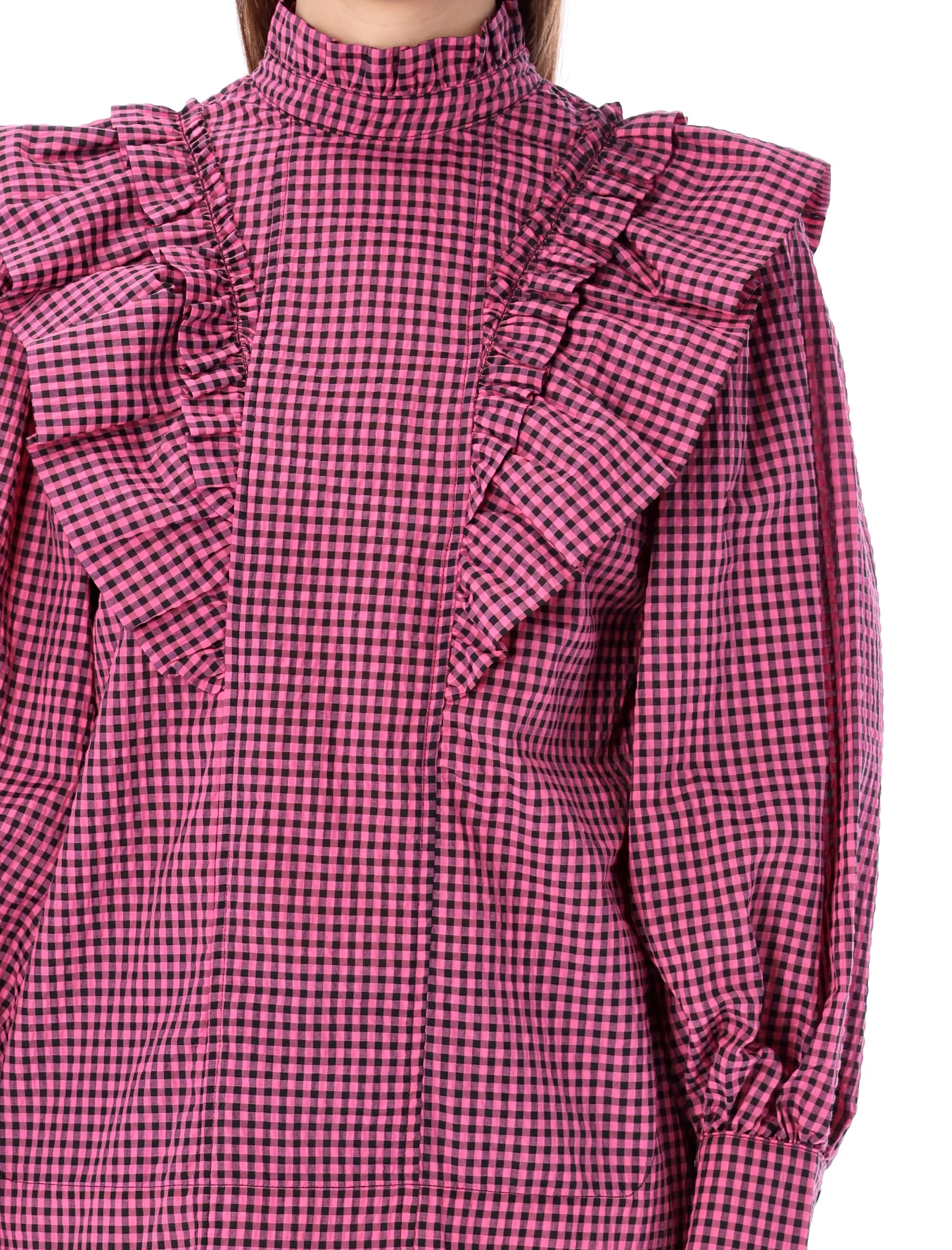 Ganni Seersucker Checked Ruffle Blouse