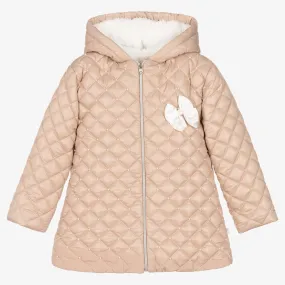 Girls Beige Quilted Hooded Coat