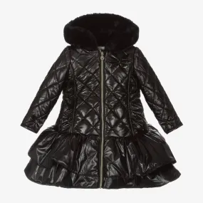 Girls Black Quilted Hooded Coat