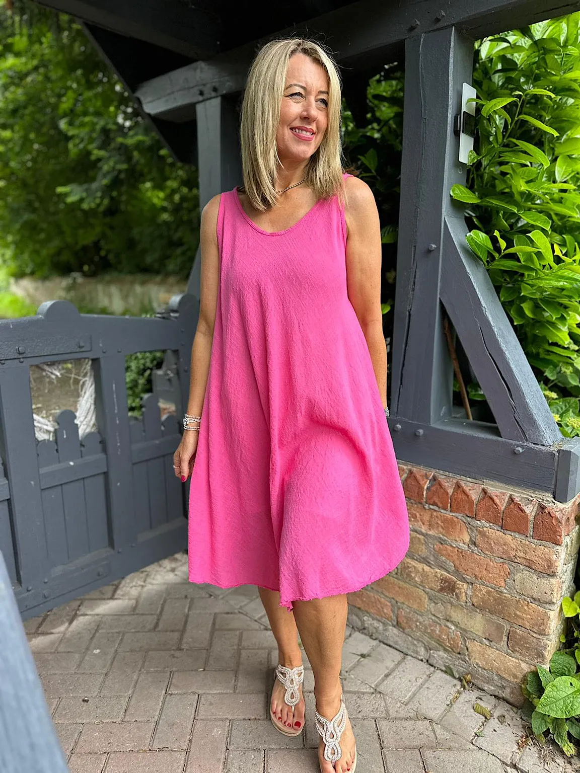 Lipstick Pink Cotton Scoop Neck Dress Joy