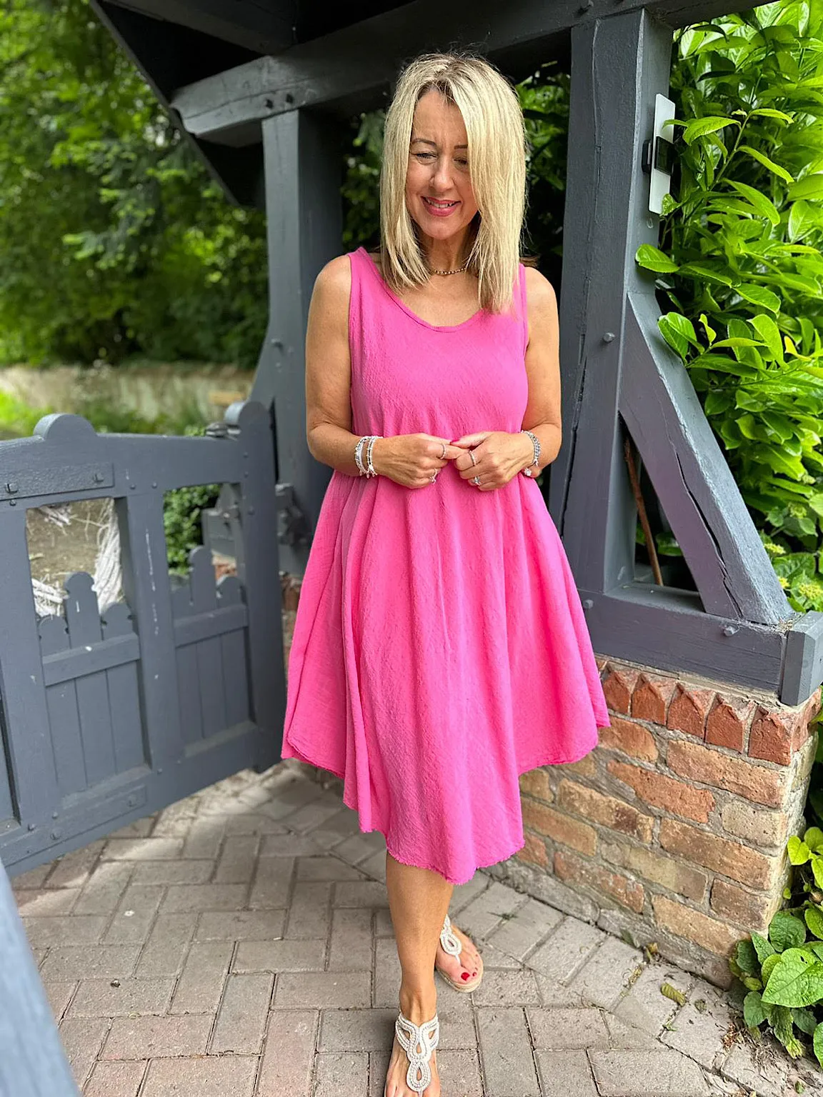 Lipstick Pink Cotton Scoop Neck Dress Joy