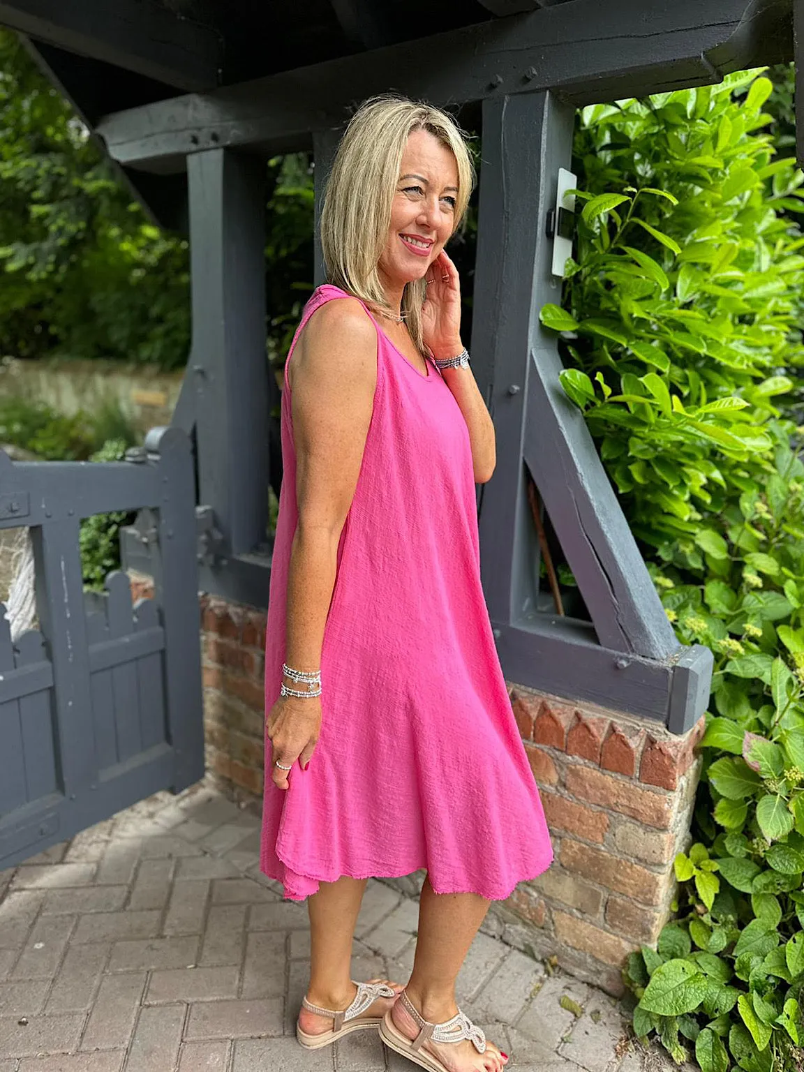 Lipstick Pink Cotton Scoop Neck Dress Joy