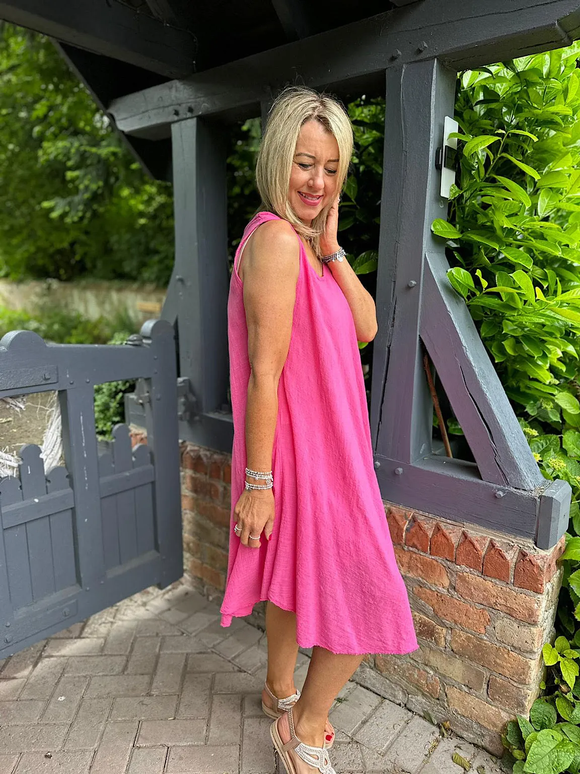 Lipstick Pink Cotton Scoop Neck Dress Joy