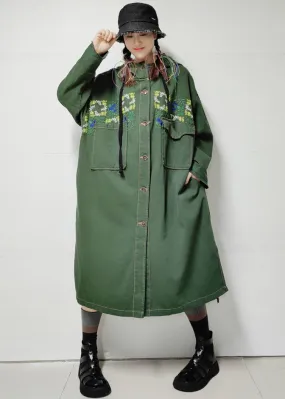 Loose Army Green Hooded Pockets Denim Long Trench Coat Fall