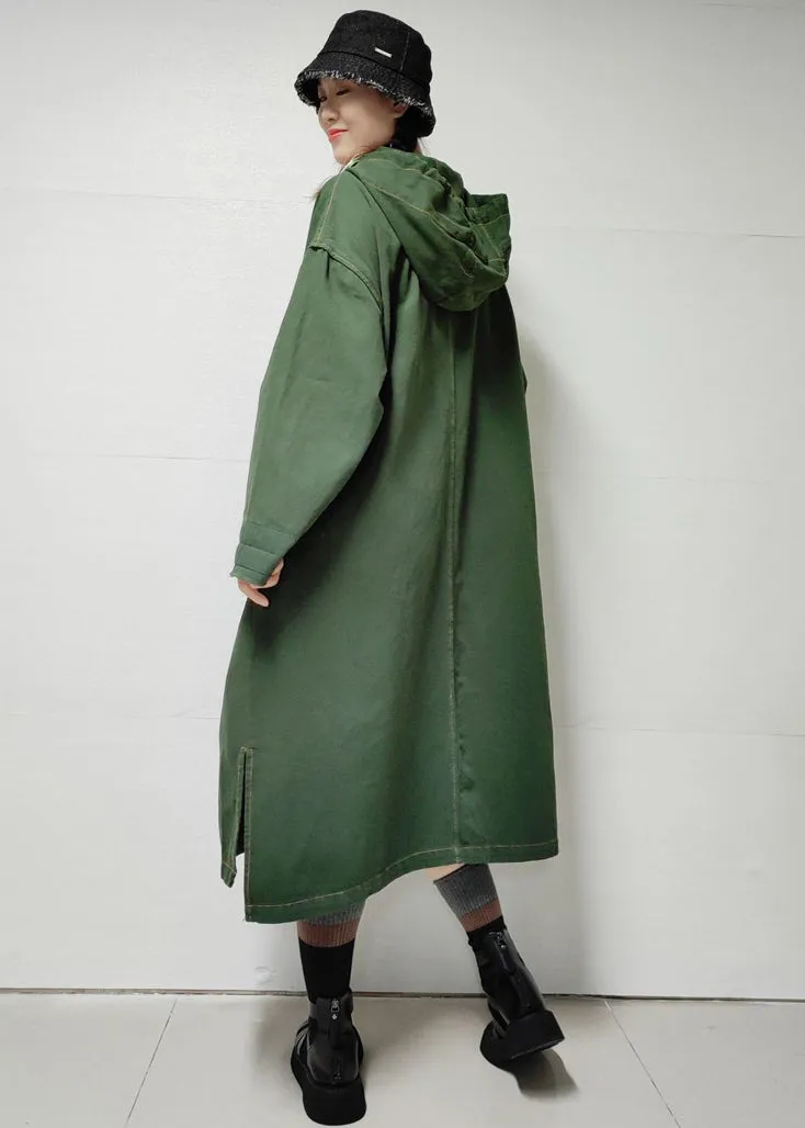 Loose Army Green Hooded Pockets Denim Long Trench Coat Fall