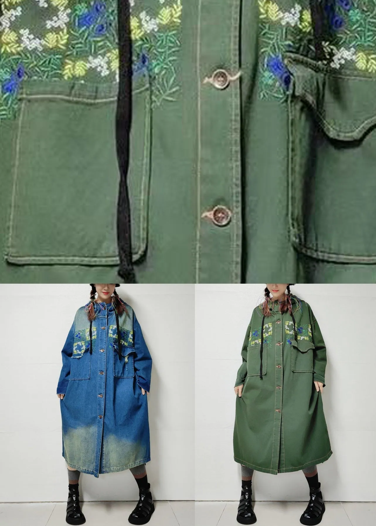 Loose Army Green Hooded Pockets Denim Long Trench Coat Fall