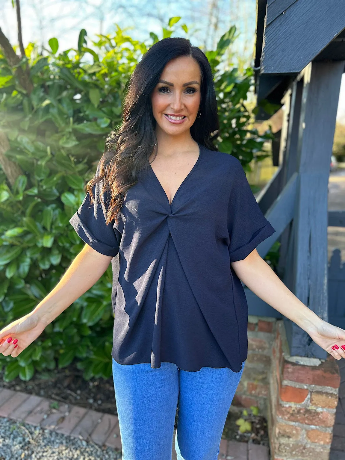 Navy Twist Front Crepe Blouse Elizabeth