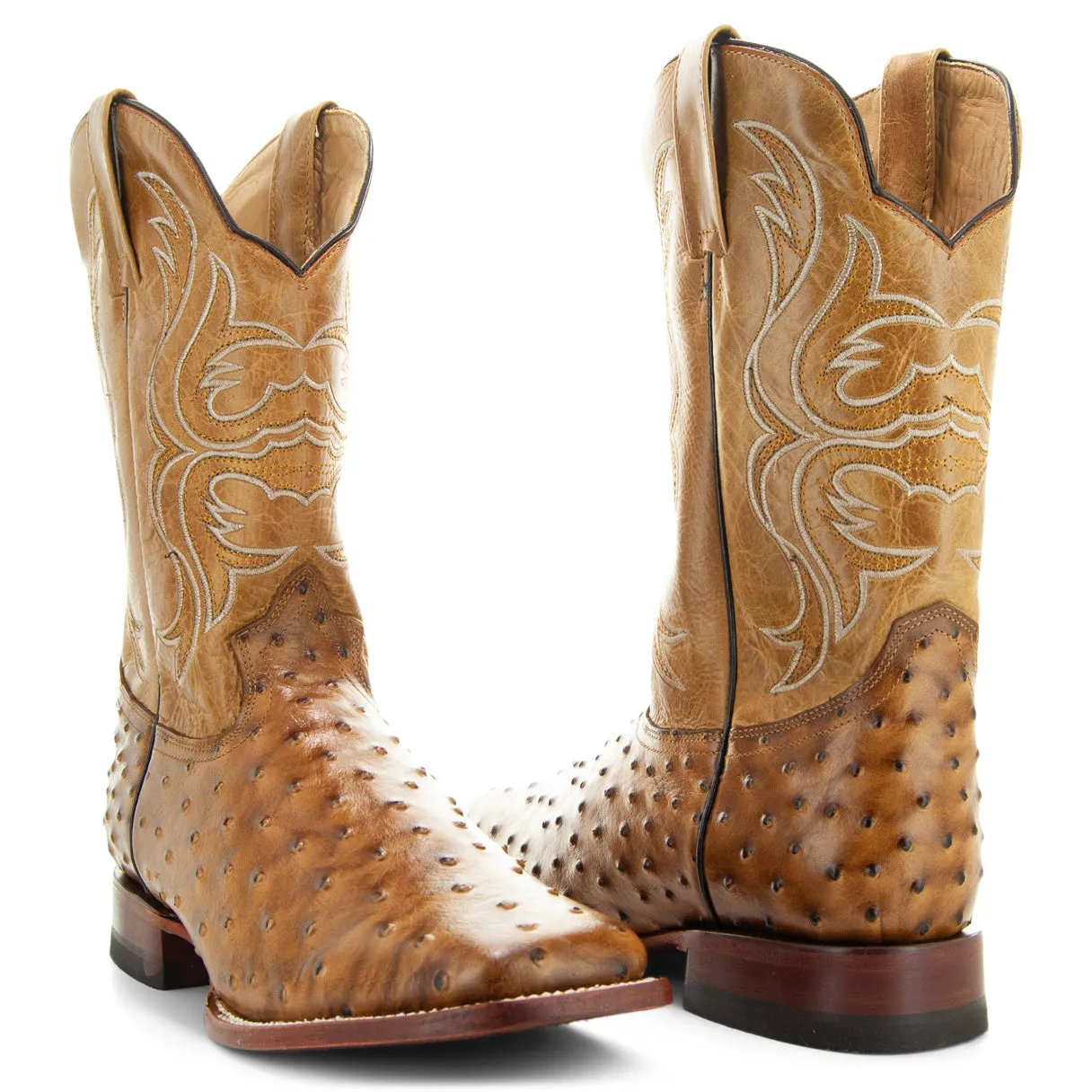 Soto Boots Men's Ostrich Print Square Toe Cowboy Boots H8001-Tan