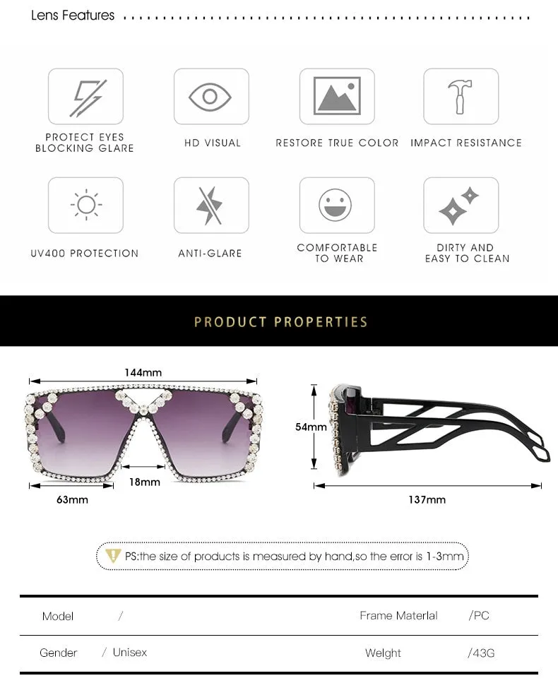 Unisex Luxury Oversized Square Diamond Rhinestone UV400 Sunglasses