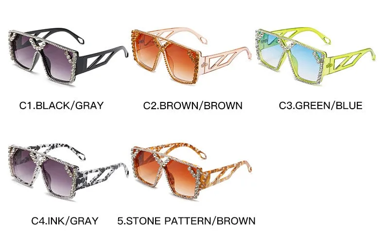 Unisex Luxury Oversized Square Diamond Rhinestone UV400 Sunglasses