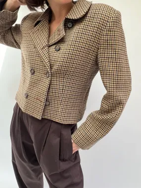 Vintage Houndstooth Cropped Pure Wool Blazer