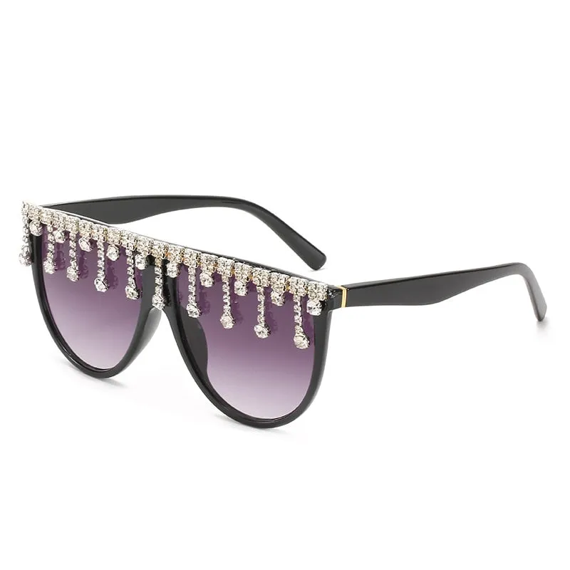 Women's Designer Fashion Tassel Oversized Rhinestone Flat Top Sunglasses