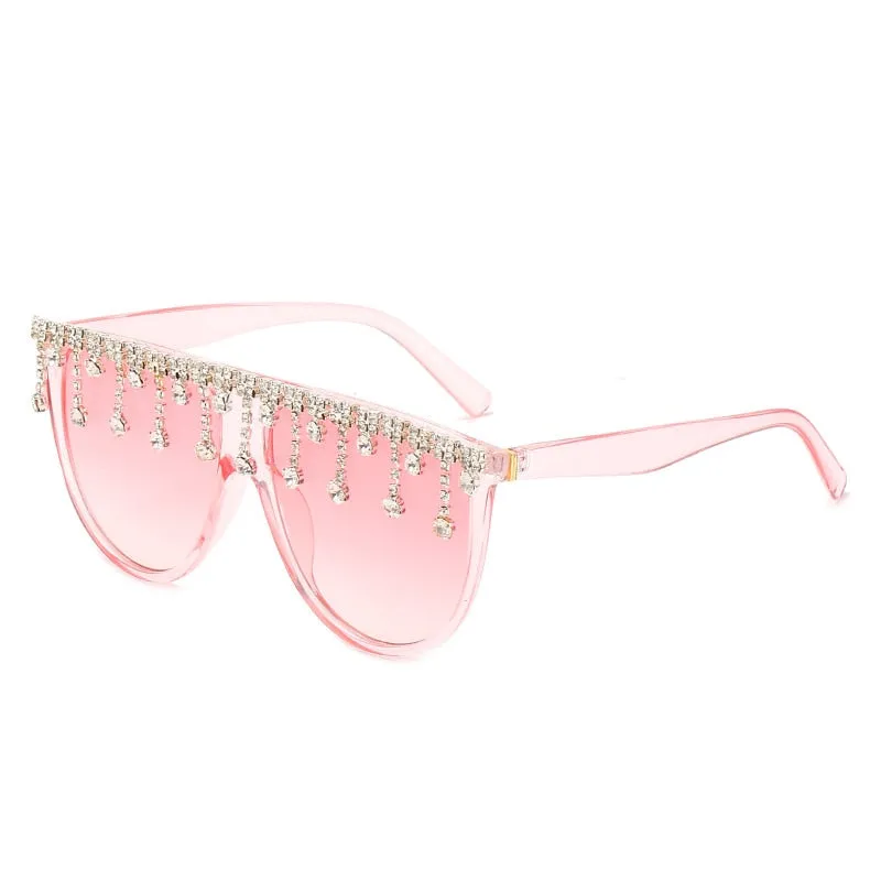 Women's Designer Fashion Tassel Oversized Rhinestone Flat Top Sunglasses