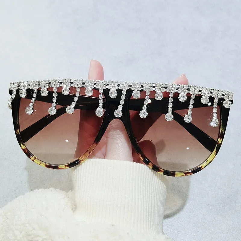 Women's Designer Fashion Tassel Oversized Rhinestone Flat Top Sunglasses