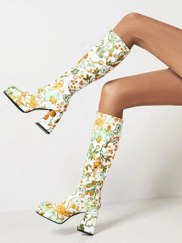 Women's Flower Print Gogo Boots Block Heel Platform Knee High Boots