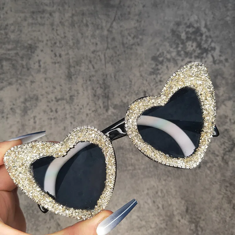 Women's Retro Fashion Heart Love Sexy Bling Stone Sunglasses