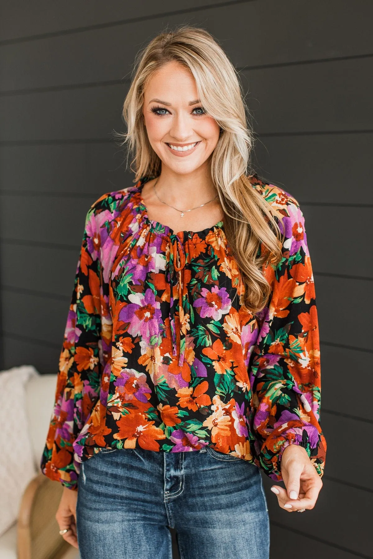 Won't Miss A Thing Floral Blouse- Black, Purple, & Rust