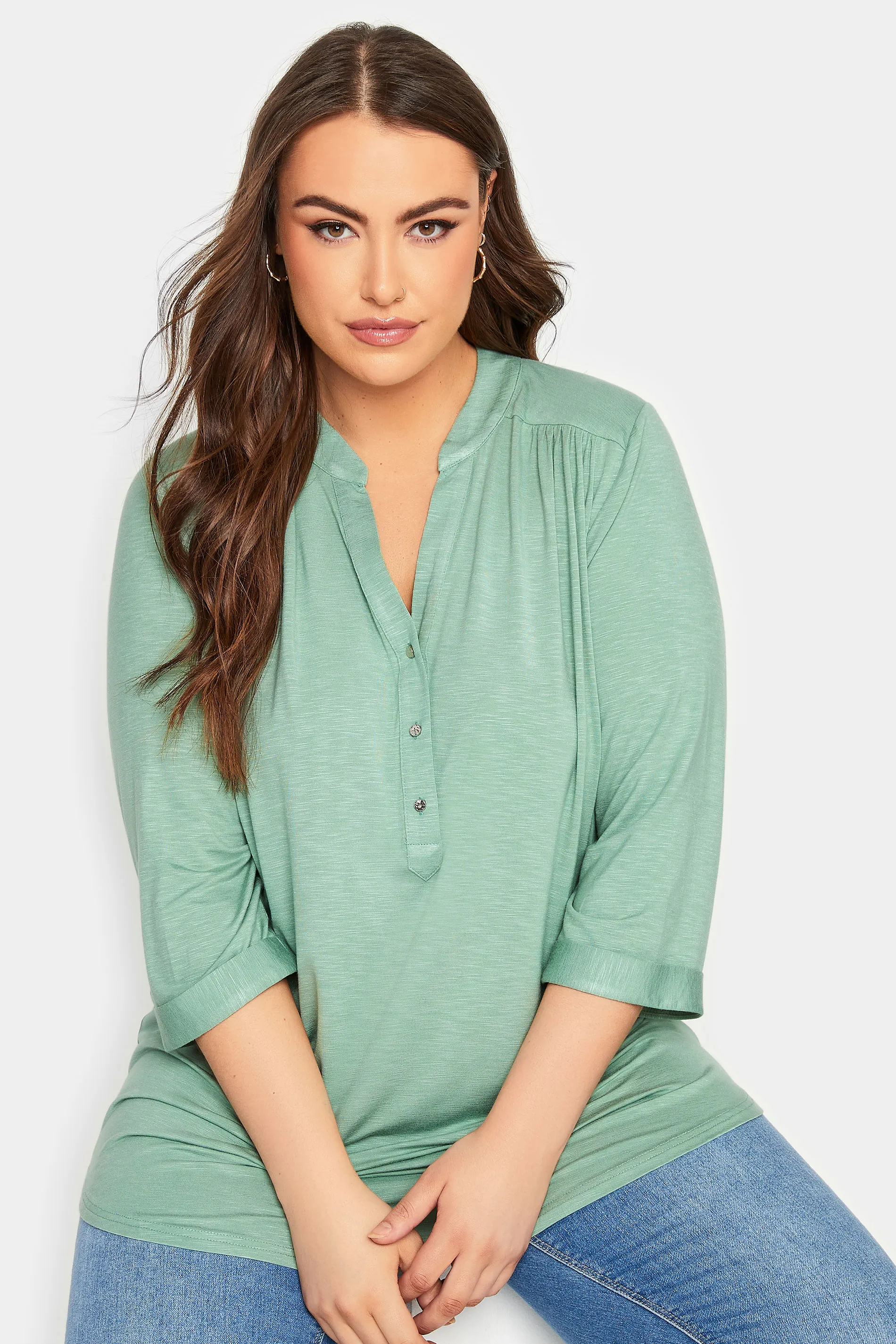 YOURS Curve Green Half Placket Blouse